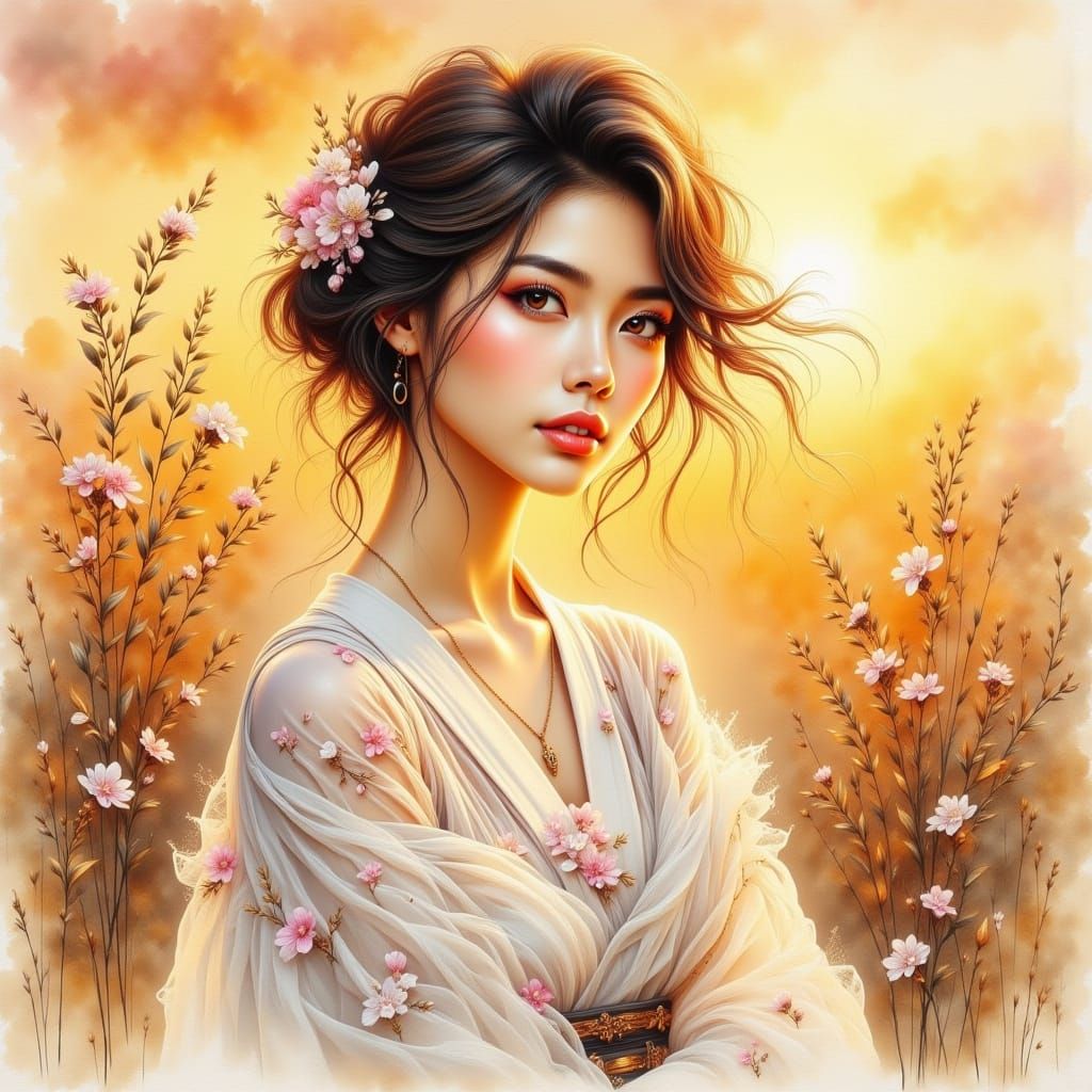 Charming Woman in Watercolor with Golden Sunset Glow