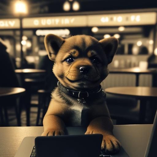 Hyperrealistic Doge Puppy with Laptop, 64 Megapixels