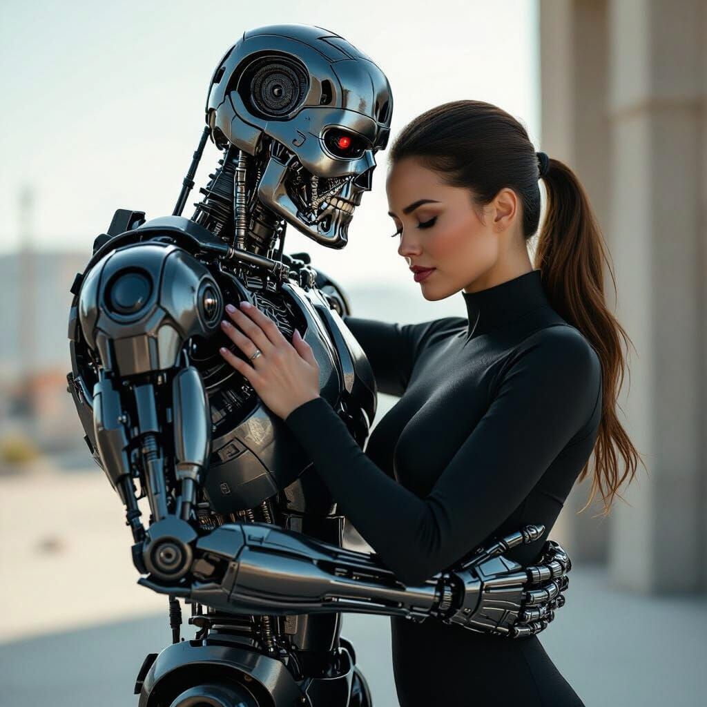 Terminator Receives Tender Embrace in Photorealistic Style