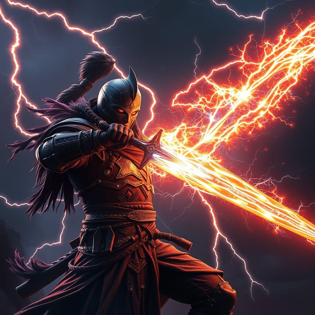Heroic Warrior Wields Electrifying Lightning Sword