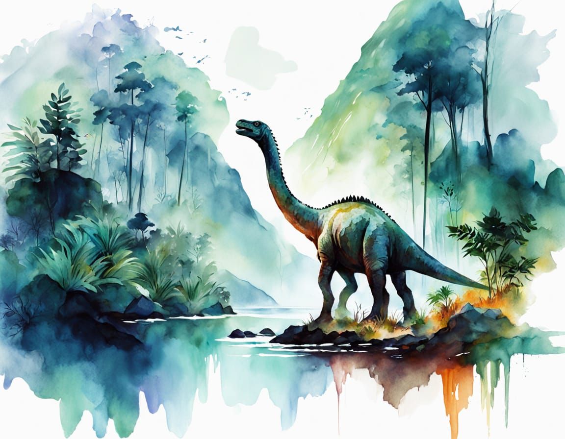 Dinosaur in Prehistoric Forest, Watercolour Illustration