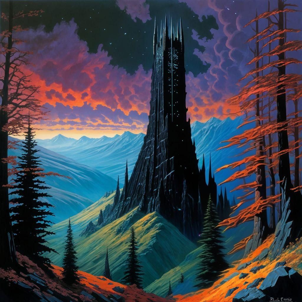 Tall slender black tower, barad-dur, orthanc, cliffs,  mount...