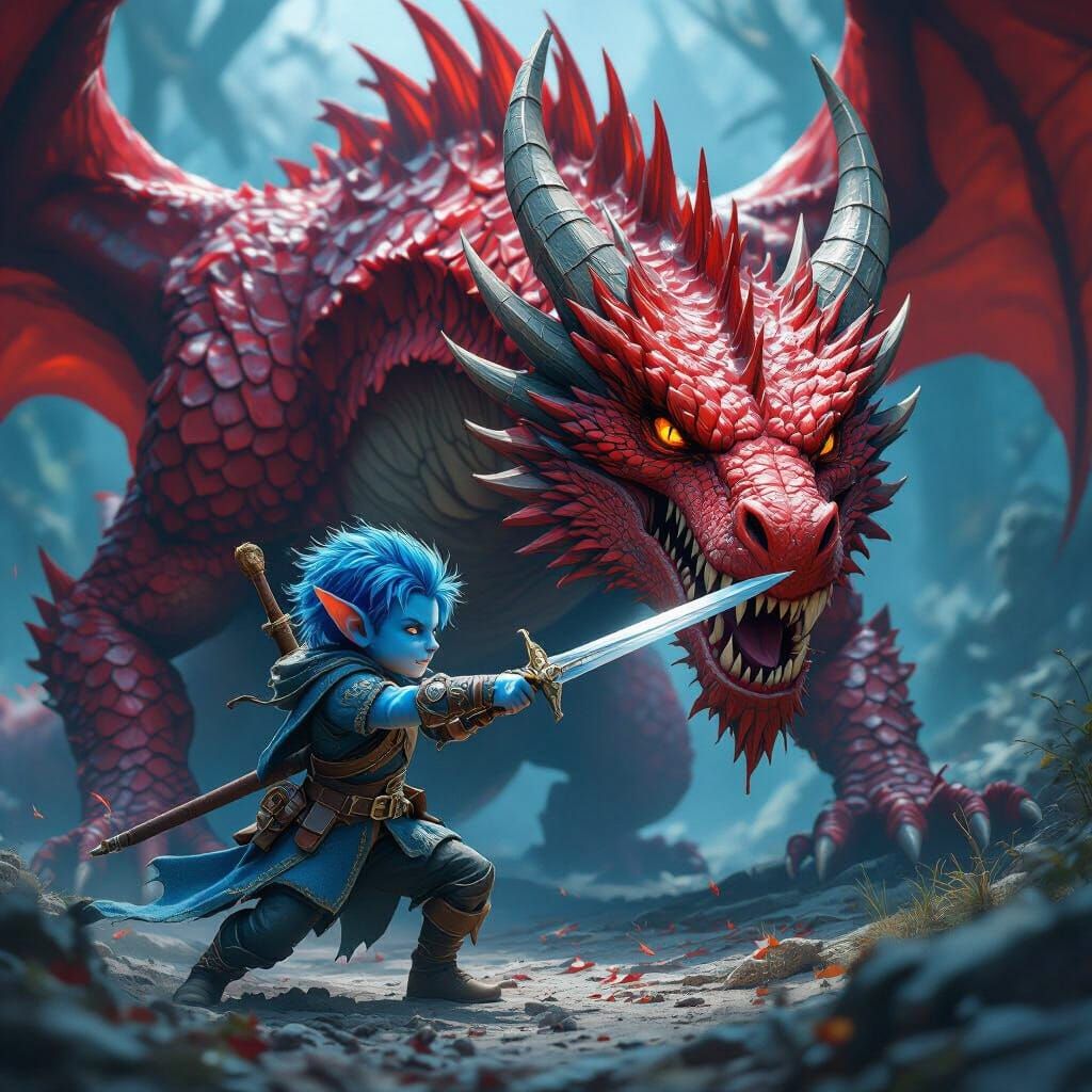 Blue Halfling Hero Battles Giant Red Dragon in Epic Fantasy ...