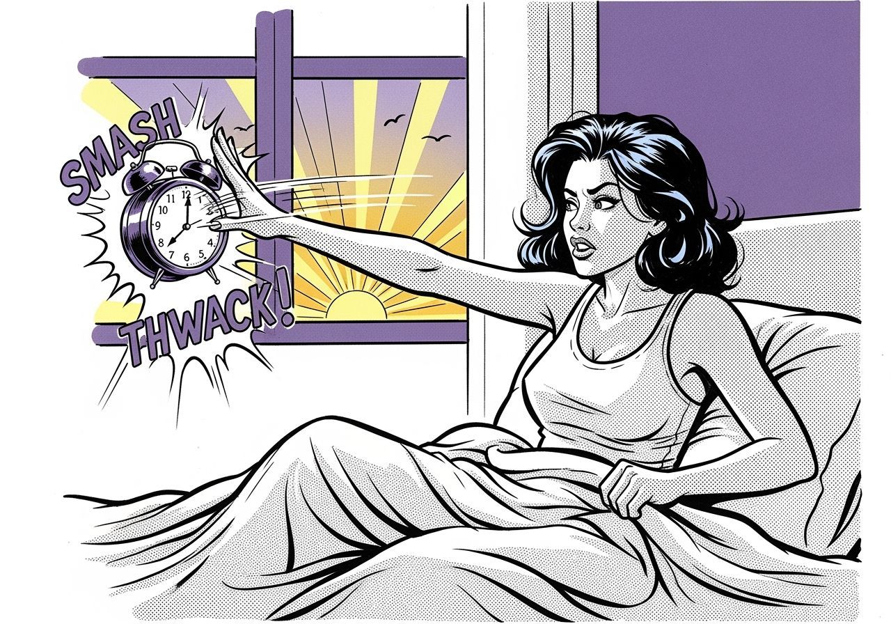 Comic Illustration: Woman Smashing Alarm Clock in Bed