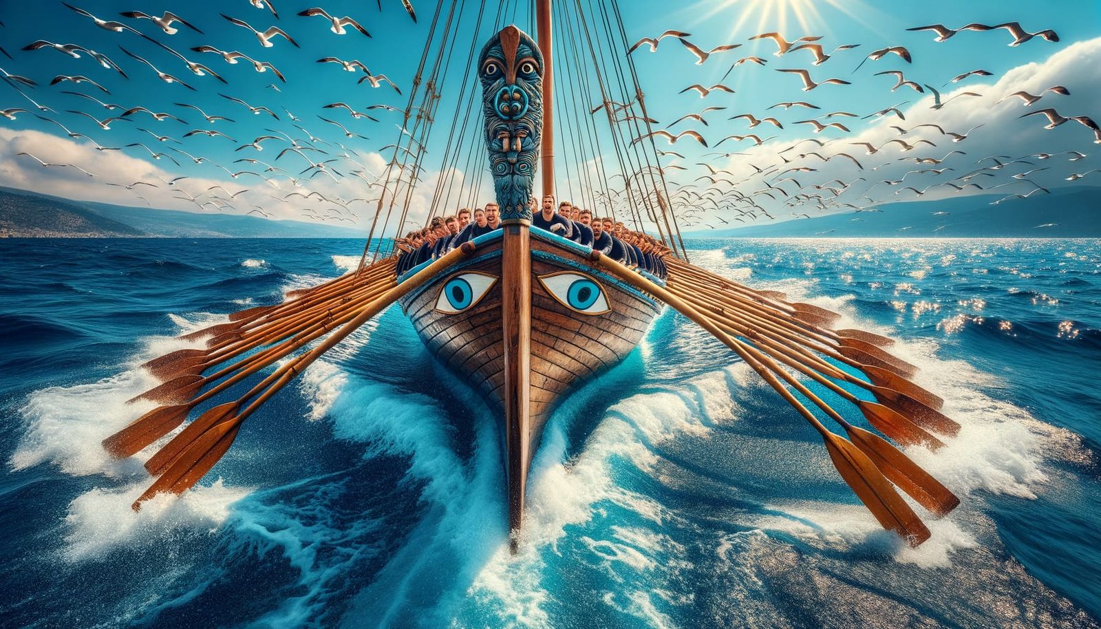 Aegean Bireme Galley Sailing in Azure Sea