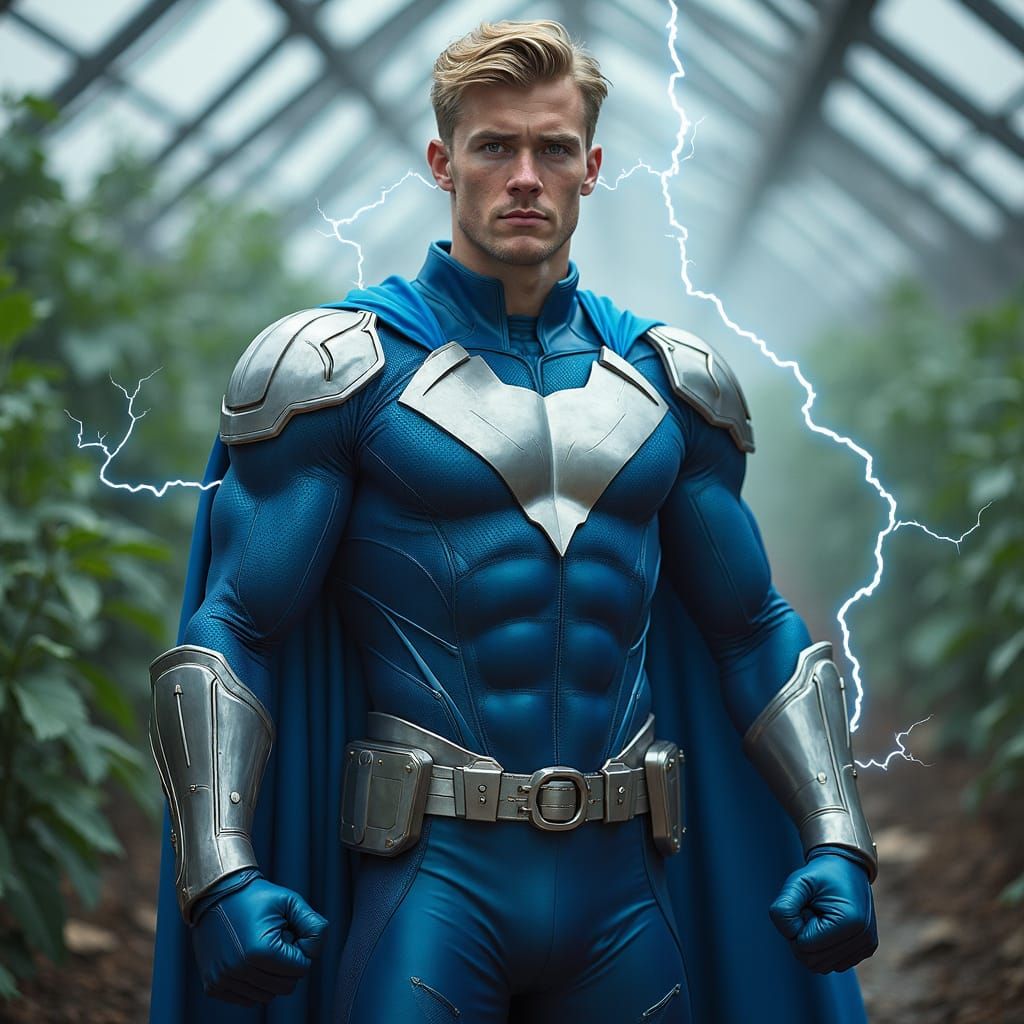 Hyperrealistic Superhero Portrait in Greenhouse Setting