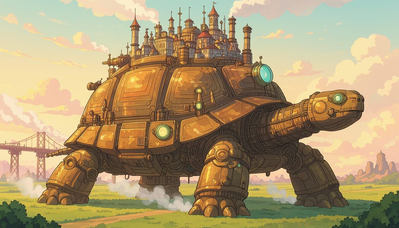 Steampunk Metropolis on a Giant Mechanical Tortoise