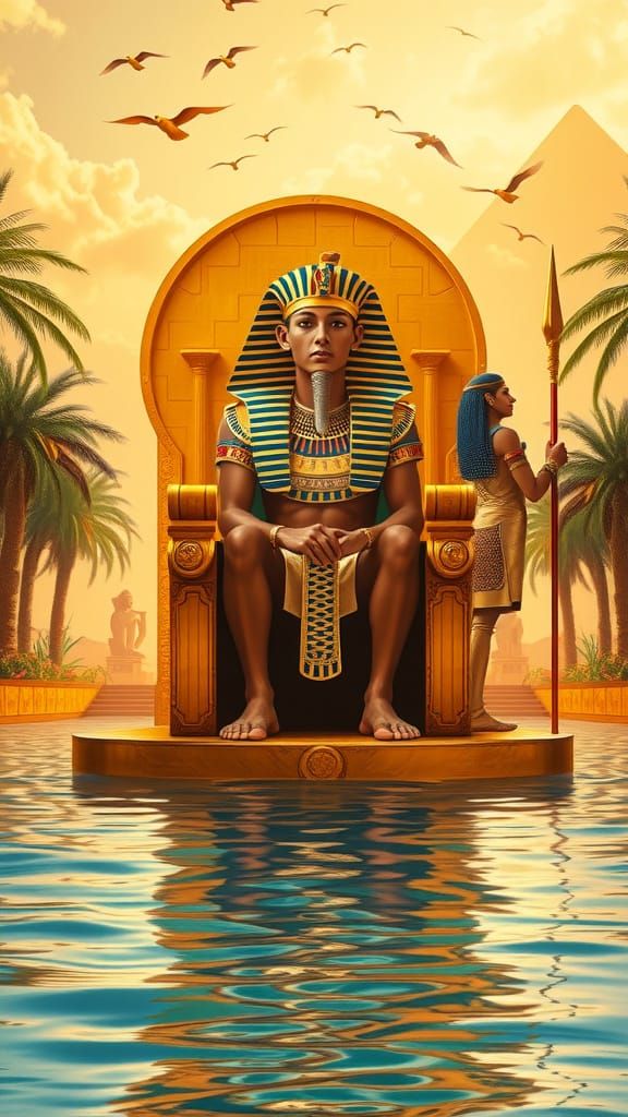 Ancient Egyptian King on Golden Throne in Tranquil River Lan...