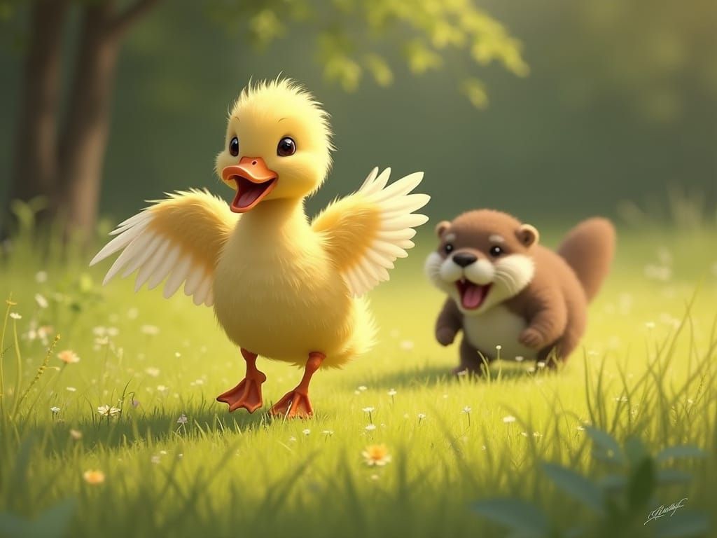 Playful Otter Chases Duck in Meadow