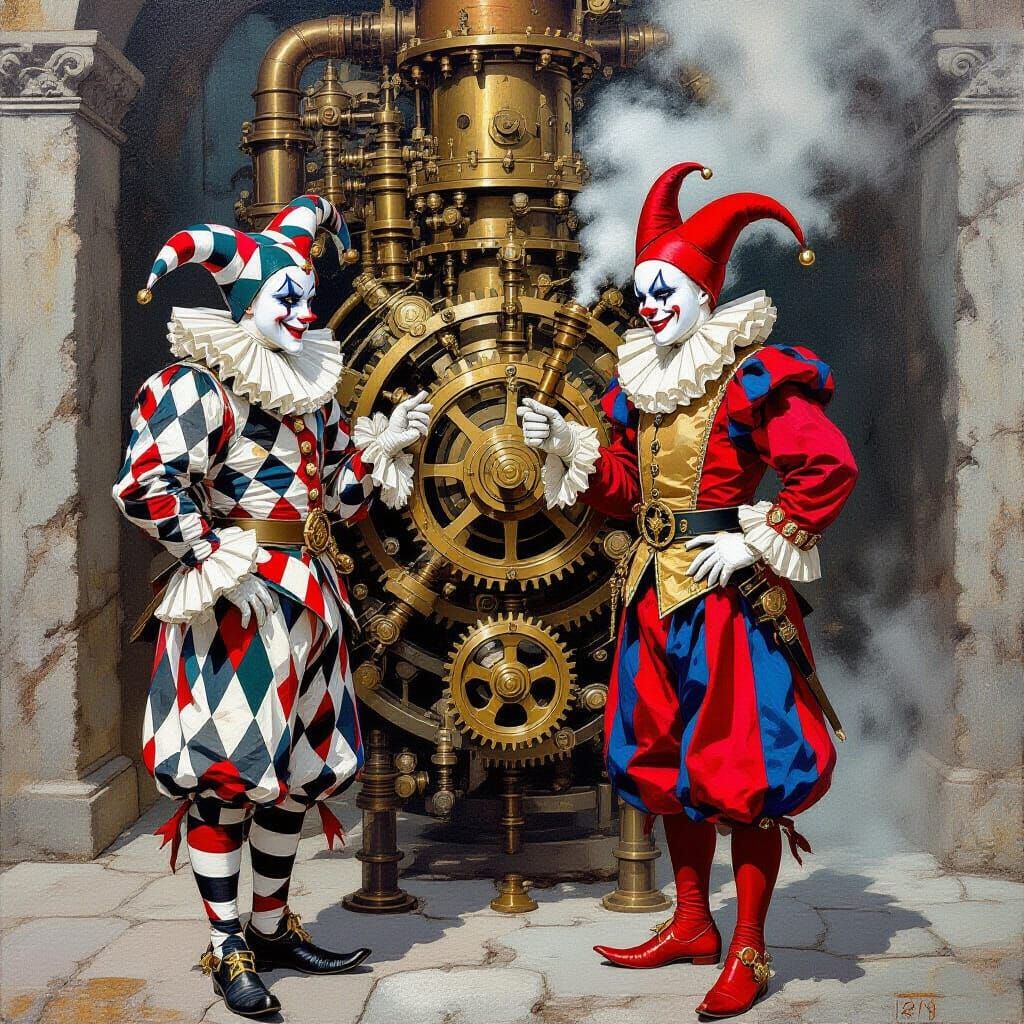 Court Jesters Amidst Steampunk Machinery