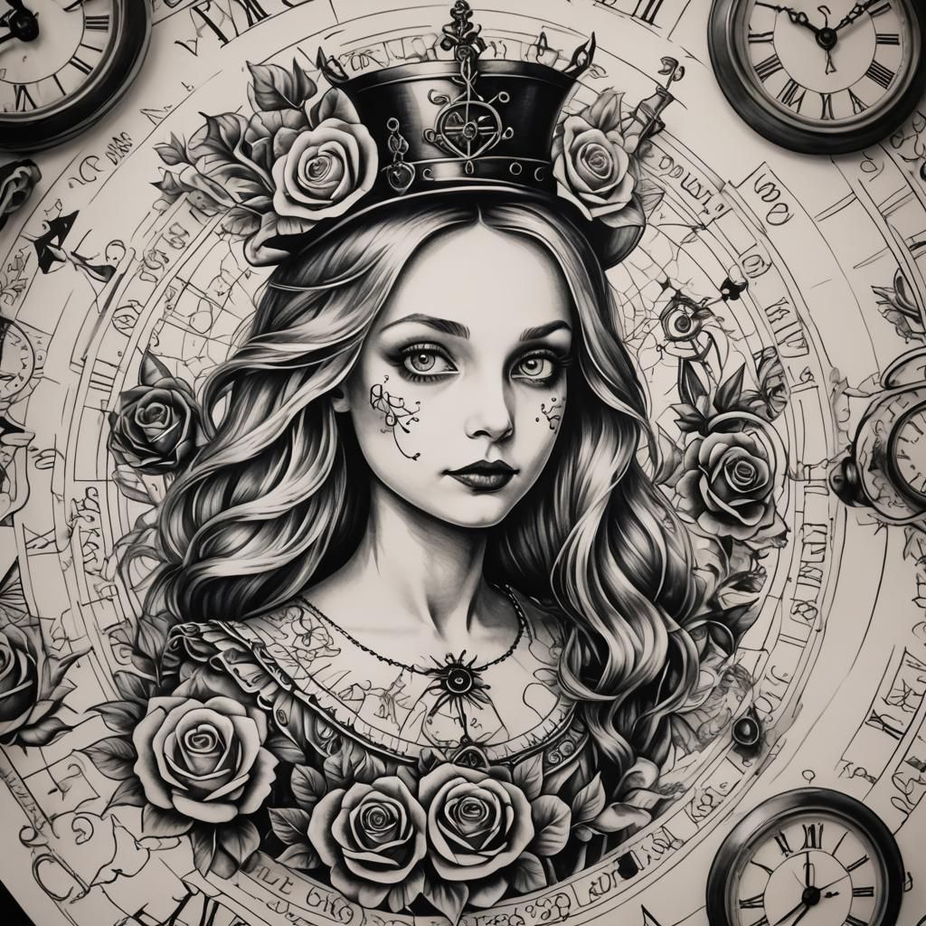 Alice in Wonderland Tattoo Design in Black and White