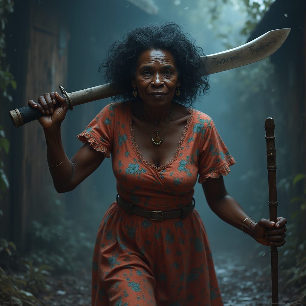 Elderly Woman Battles Thugs With Machete in Dark Fantasy Art