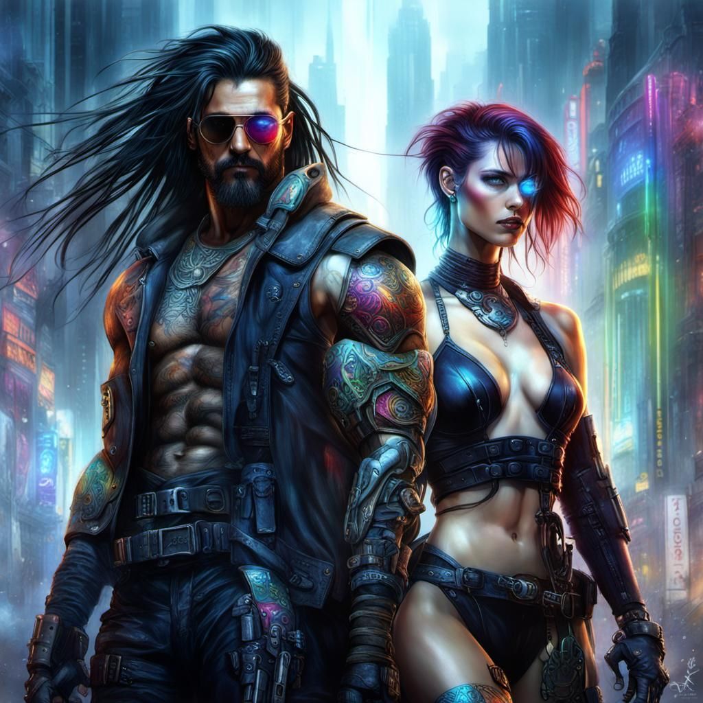 Sensual Cyberpunk Couple in Luis Royo Style
