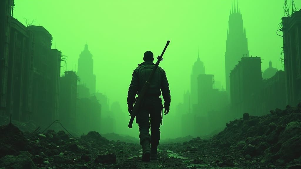 Post-Apocalyptic Survivor Amidst Ruined Cityscape