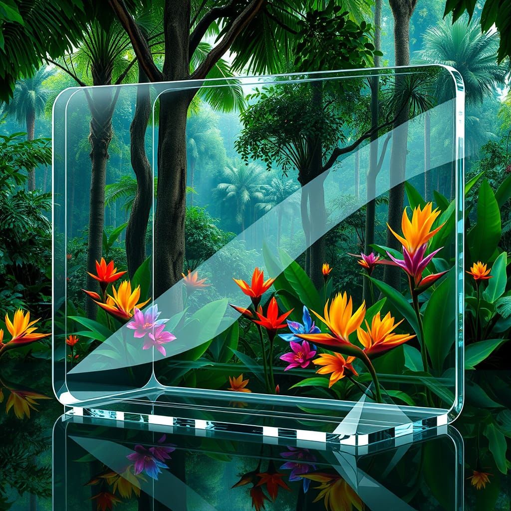 Transparent Glass Sculpture Amidst Vibrant Jungle Landscape