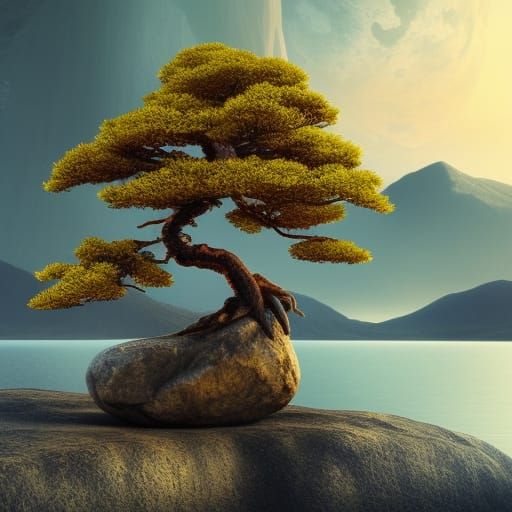 Golden Bonsai Tree in Lake at Dawn