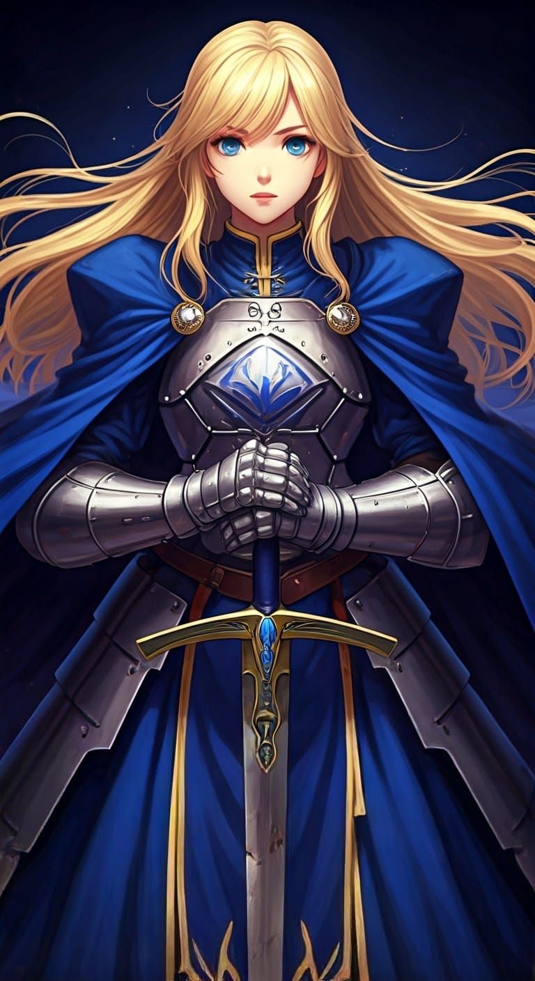 Regal Blonde Knight in Blue Armor, Anime Style