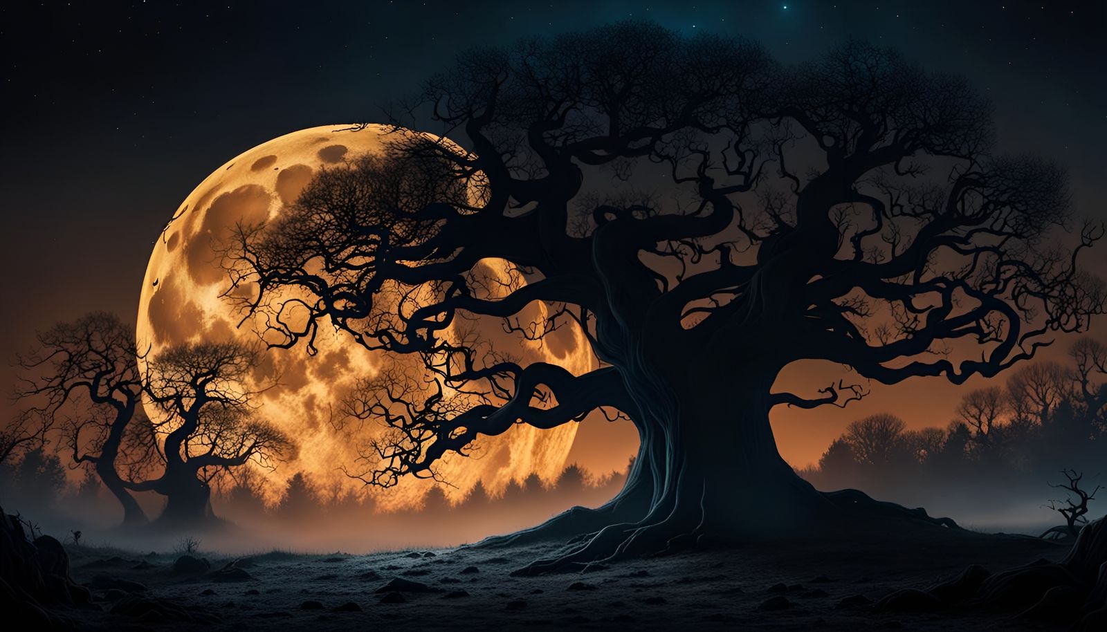 Eerie Moonlit Scene with Gnarled Trees and Shadows