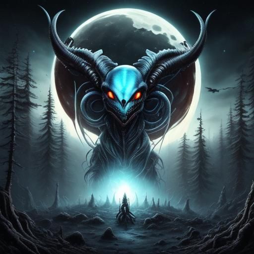 Xenomorph Ink Drawing on Spooky Moonlit Planet