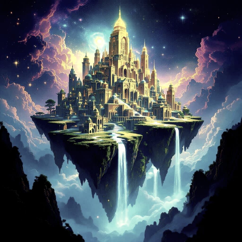 Surreal Cityscape Floating in Nebula, 1970s Blacklight Style