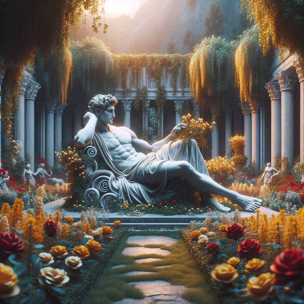 Marble Roman God in Golden Garden