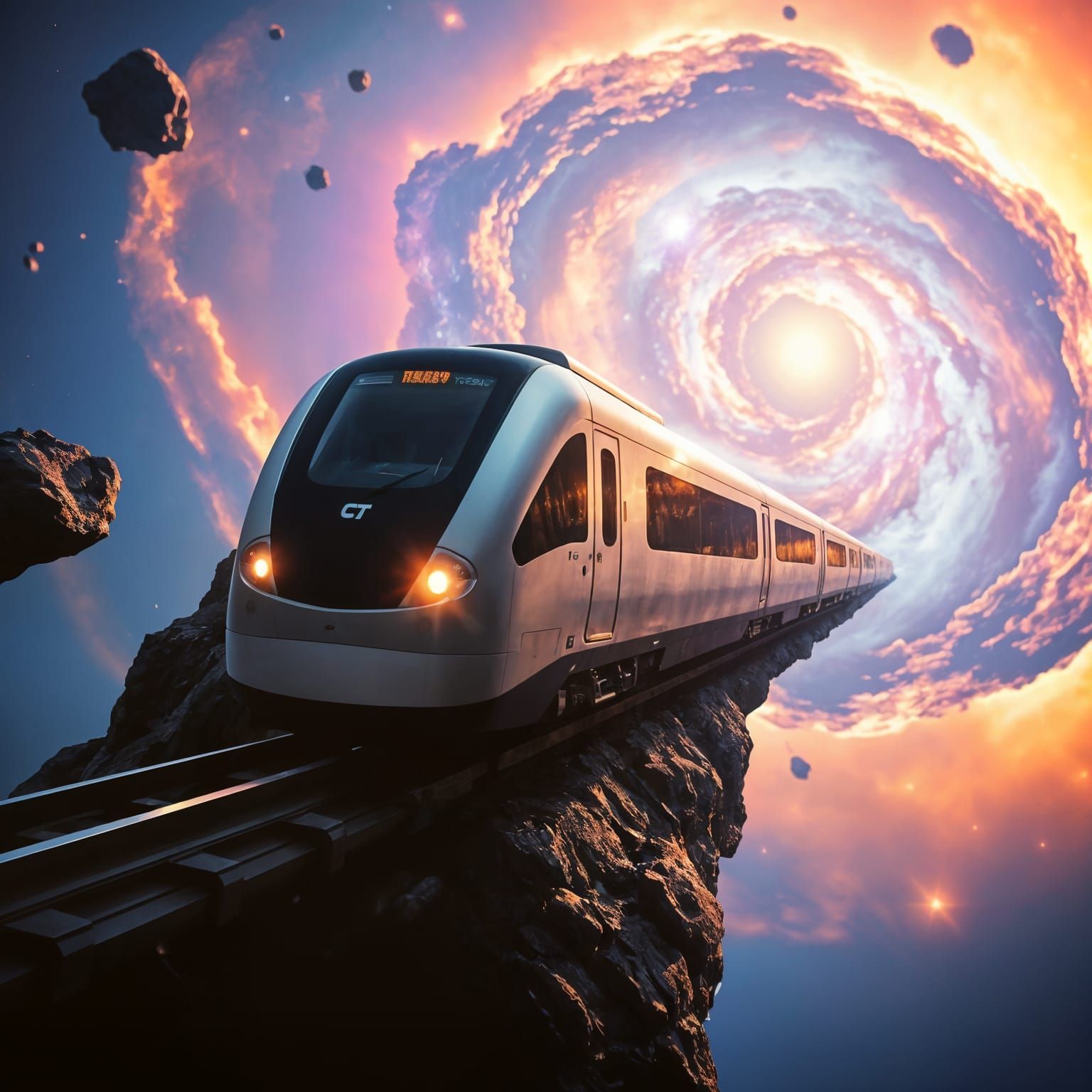 A Futuristic Train Rides Through a Nebula