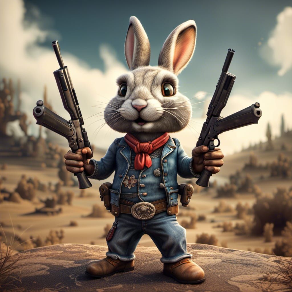 Cartoon Rabbit Cowboy with Guns in HDR