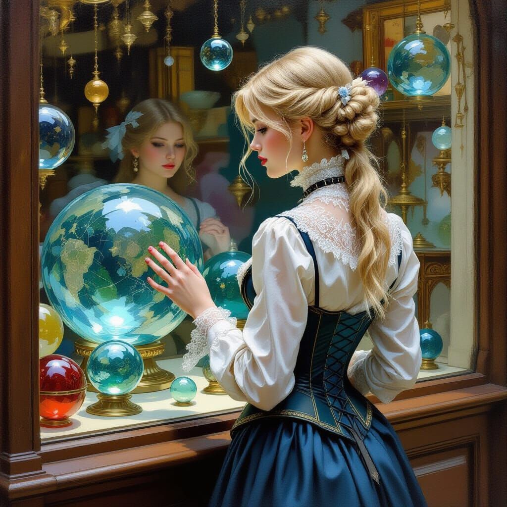 Victorian Woman Gazing at Glass Spheres, Oil Painting