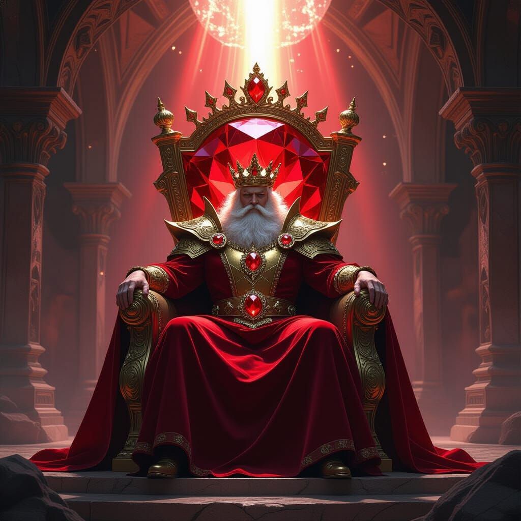Regal Ruby King on Geode Throne in Dramatic Lighting