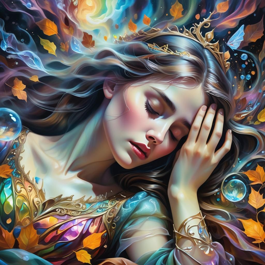 Sleeping Beauty in Surreal Dreamscape Oil Painting