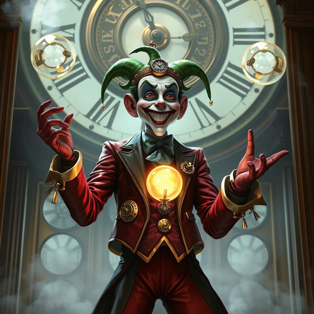 Steampunk Joker Juggles Glowing Orbs in Victorian Clock Towe...