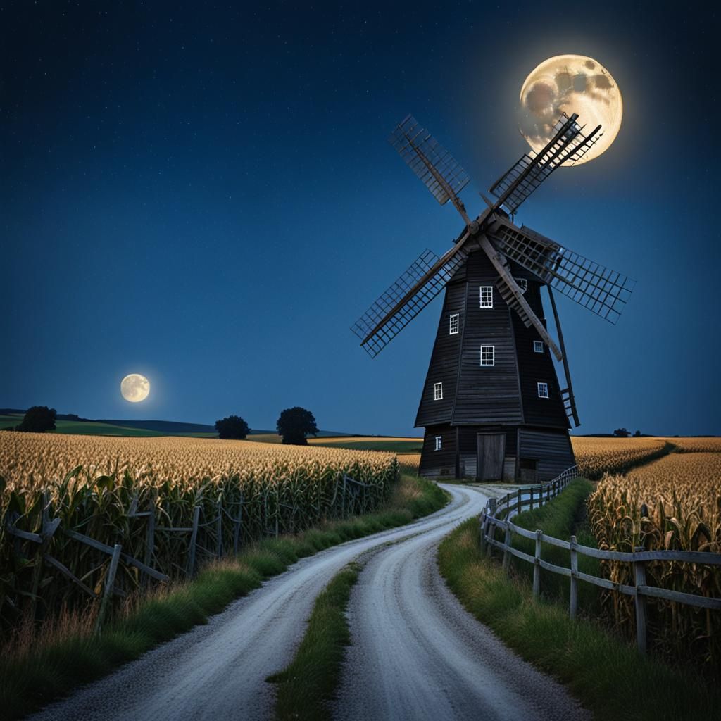 Old Windmill Under Moonlight at Night