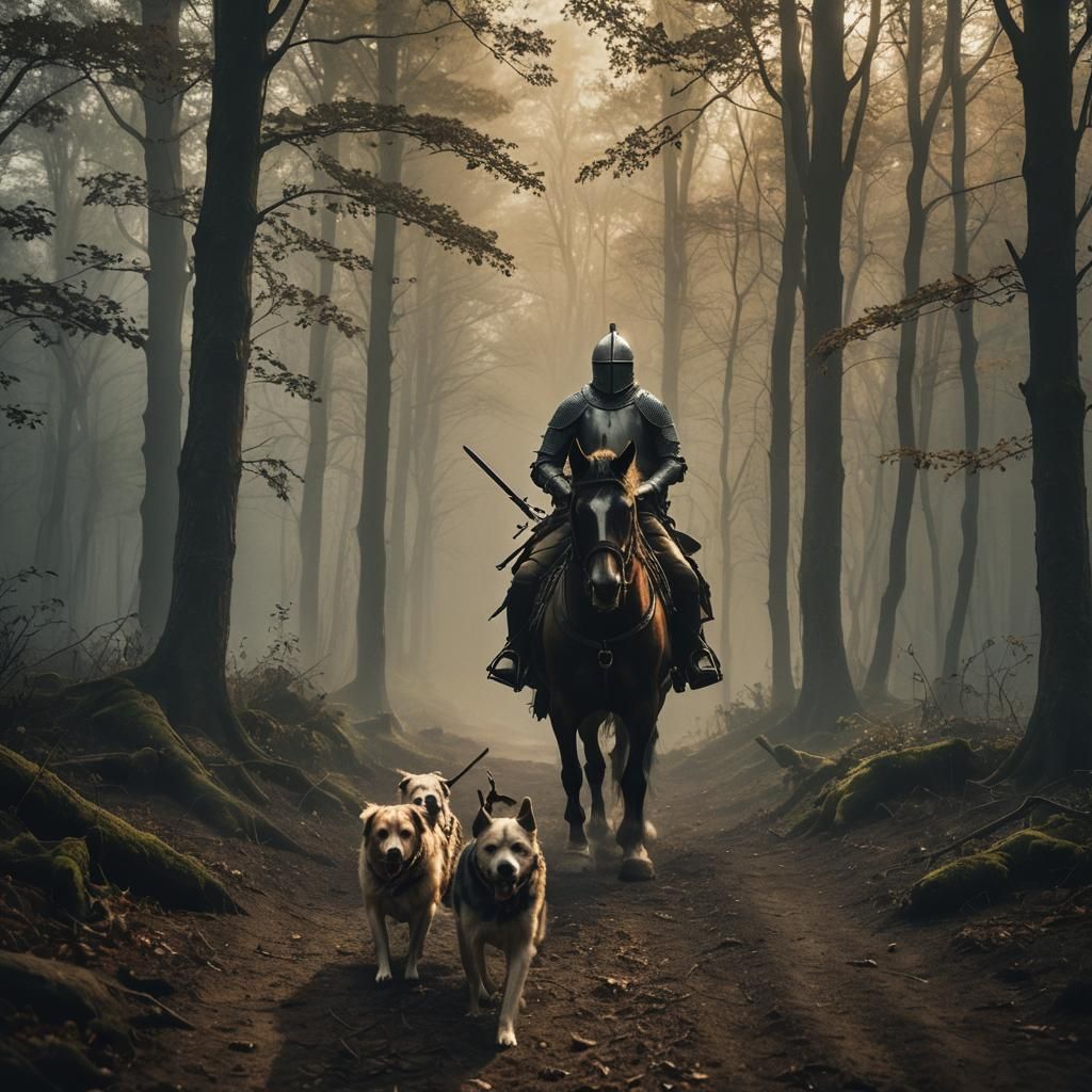 Knight on Horseback Rides Through Misty Forest