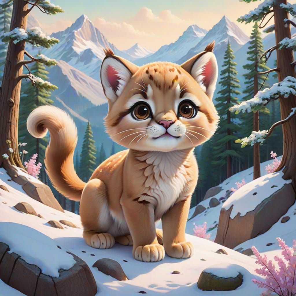 Kawaii Puma Cub in Snowy Landscape