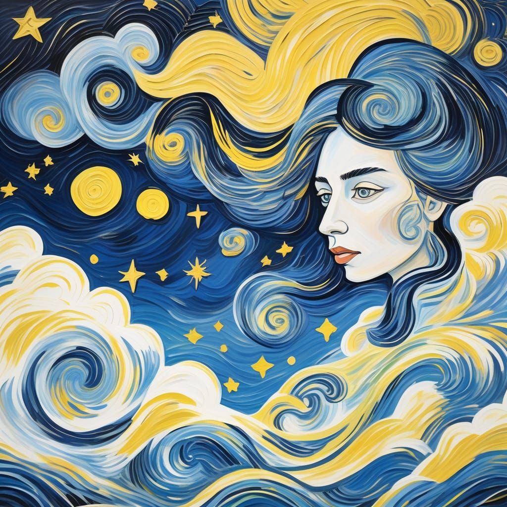 Mystical Woman Portrait in Van Gogh Style with Starry Night