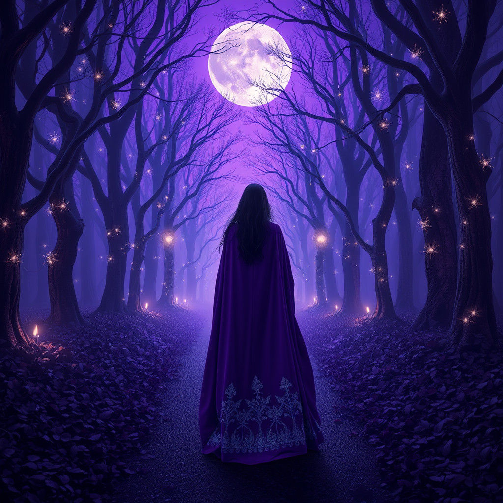 Enchanted Forest: Woman in Purple Cloak Under Moonlight