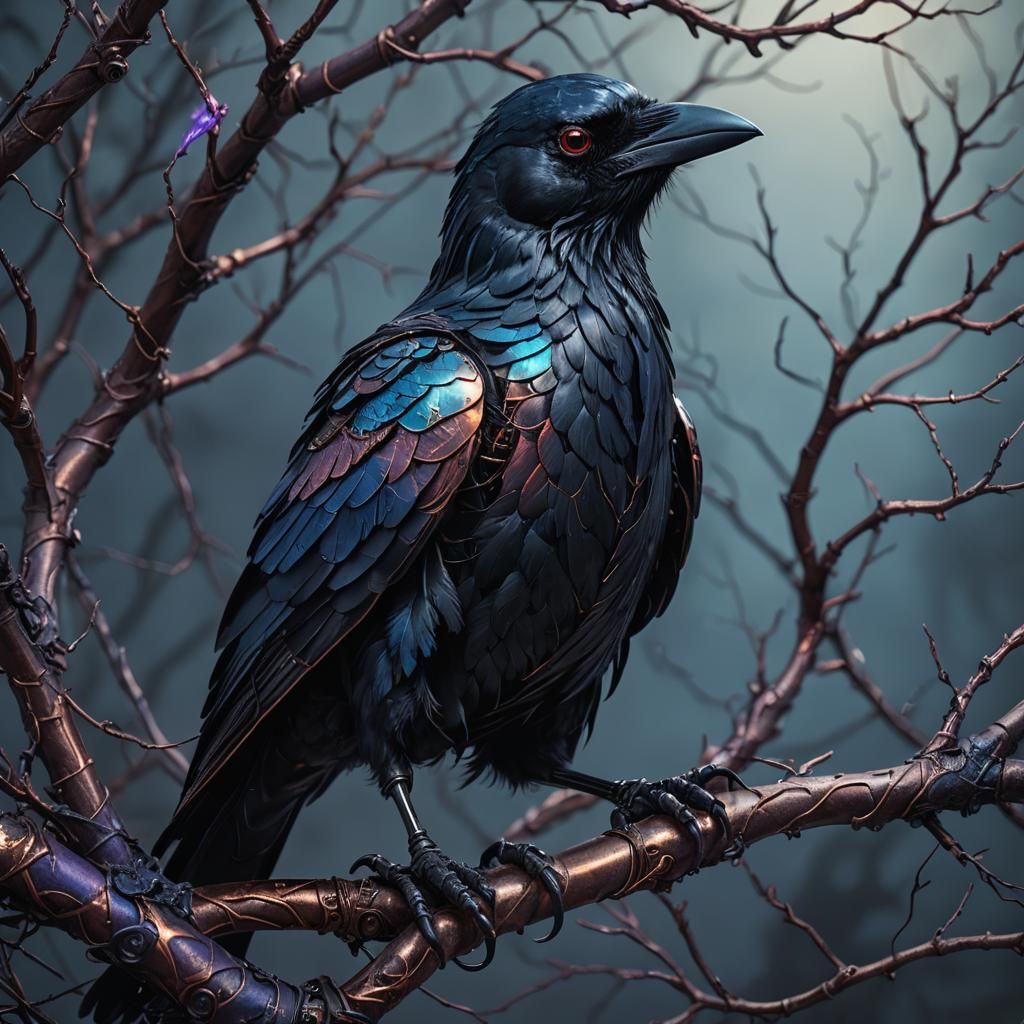 Robotic Raven Portrait in Dark Fantasy Style