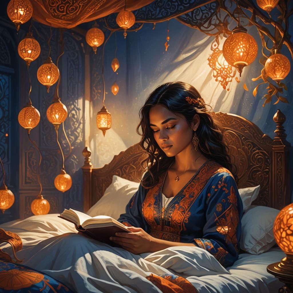 Hispanic Woman Reading: Vibrant High-Fantasy Concept Art
