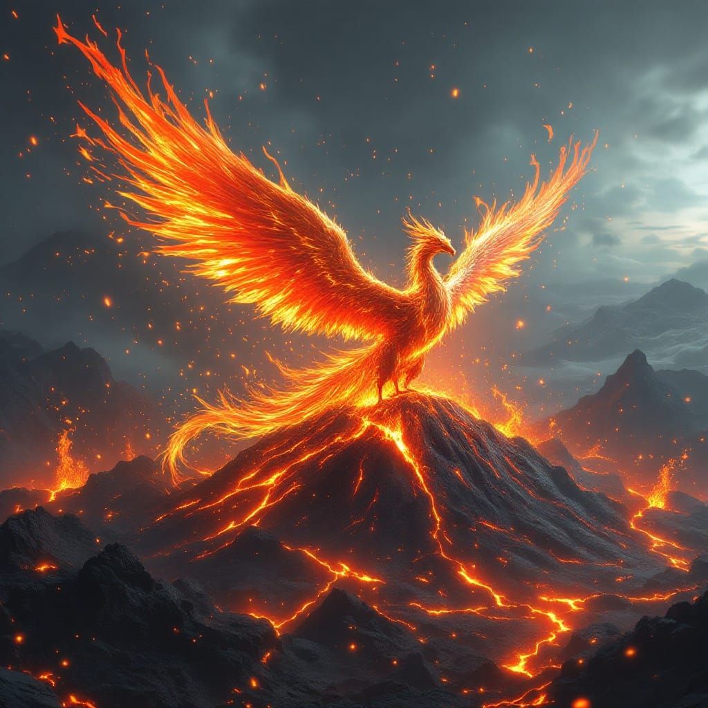 Vibrant Phoenix Unfurls Wings within Fiery Volcano