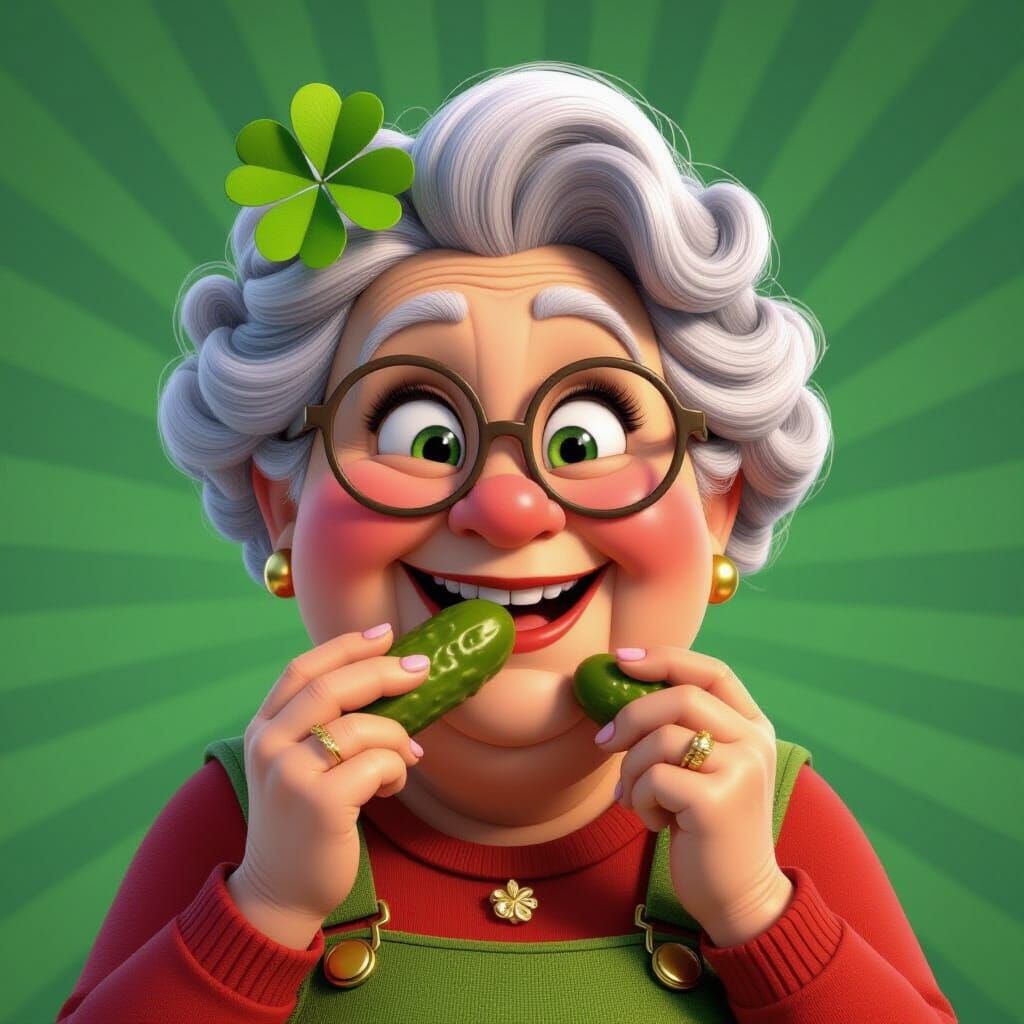 Grandma Eating Pickles in Pixar Style