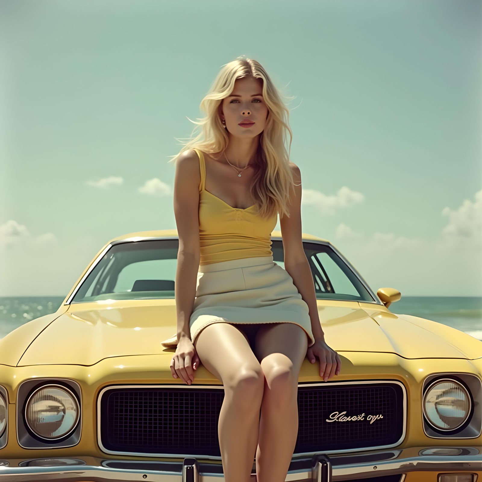 Blonde on a 1973 Pontiac Car Hood