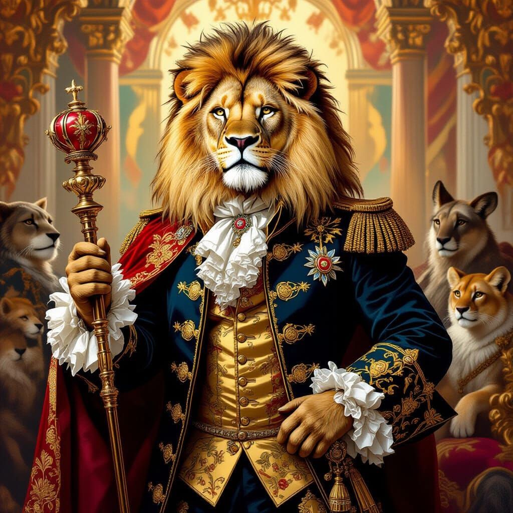 Regal Lion in Baroque Finery Presiding Over Animal Court