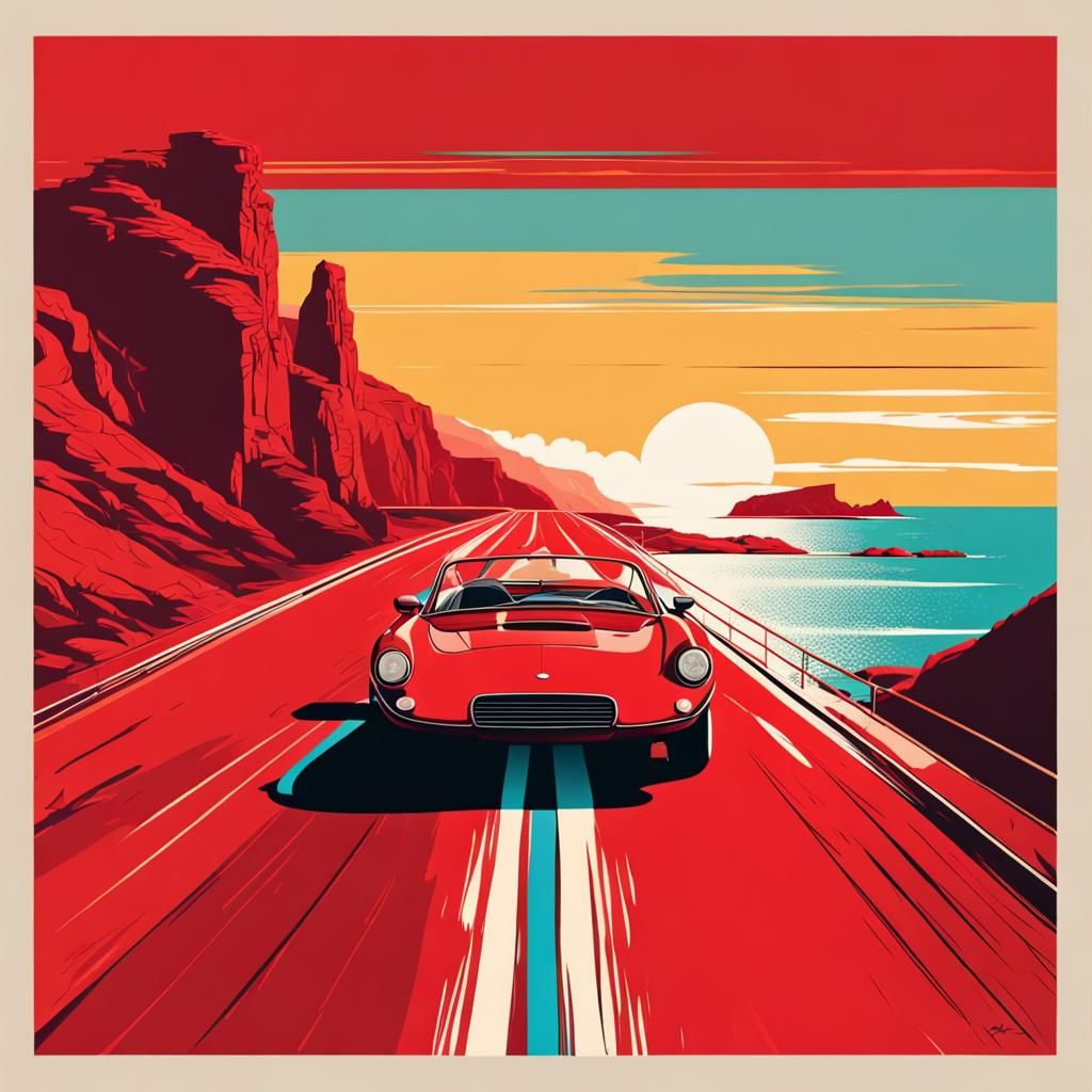 Red Sports Car on Coastal Road in Pop Art Style