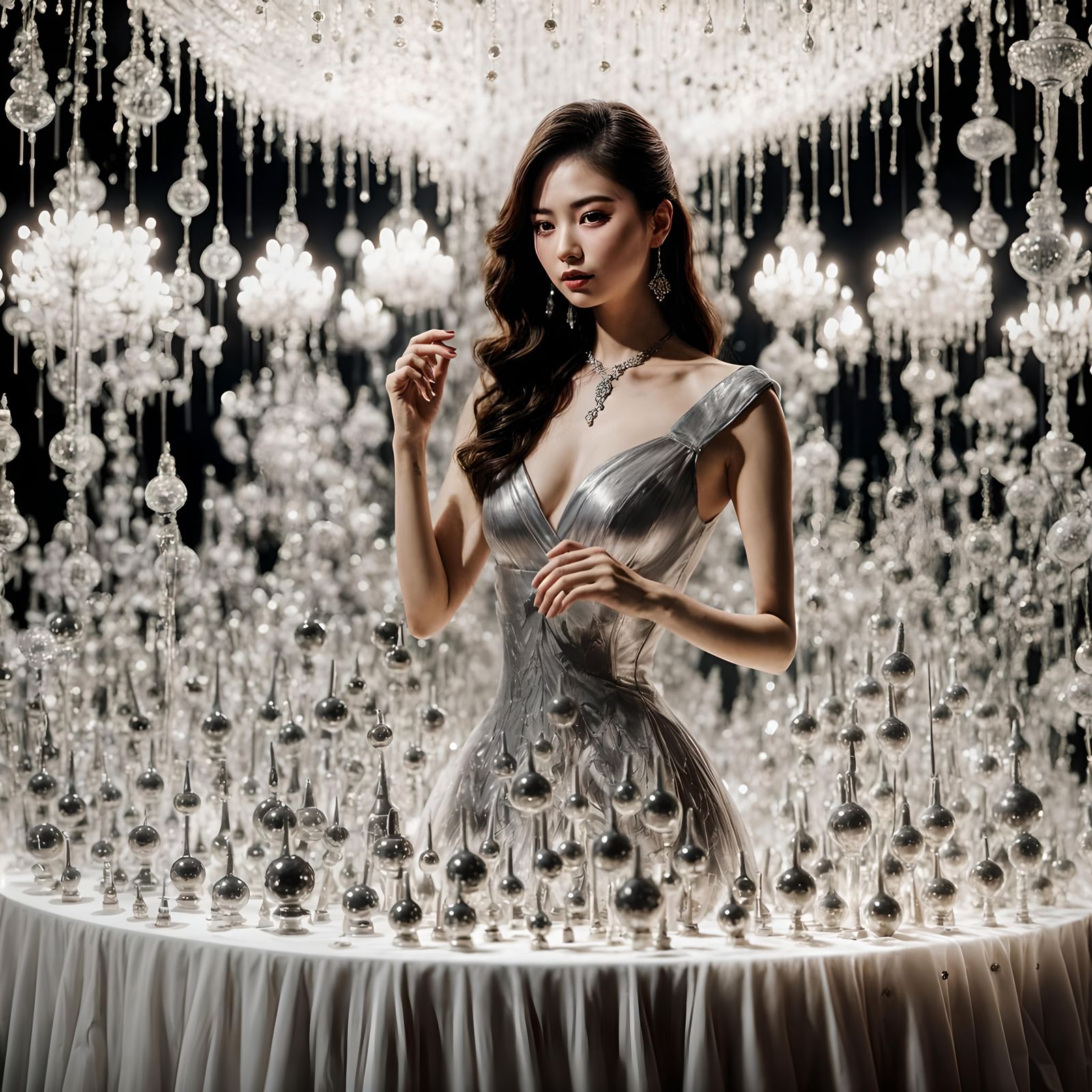 Korean Woman in Silver Dress, Hyperrealistic Style