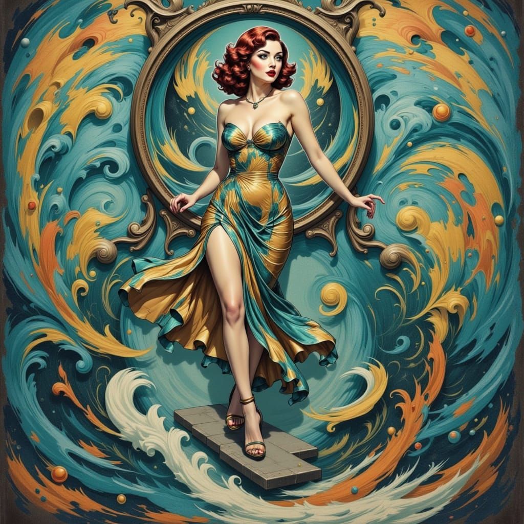 Art Nouveau Pinup Model Steps From Clock in Surreal Oil Pain...