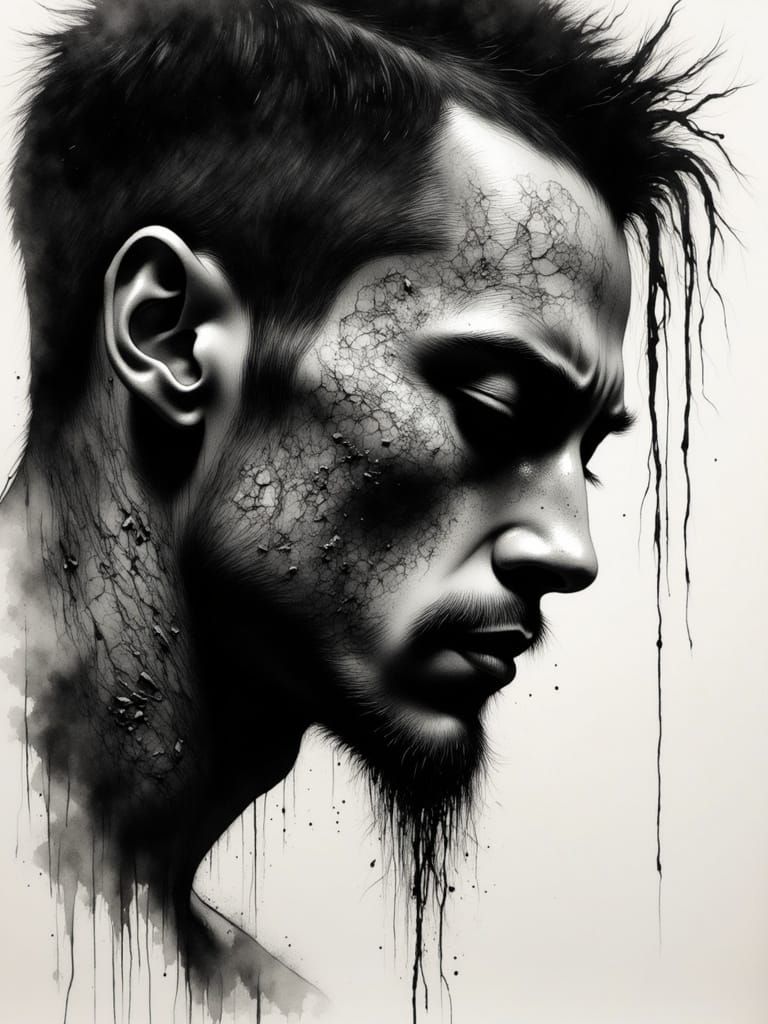 Intense Charcoal Portrait of Yakuza Member with Tattoos