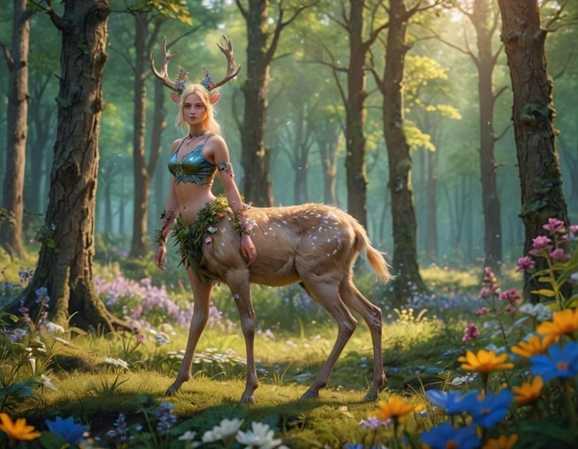 Detailed Deertaur in Forest Clearing