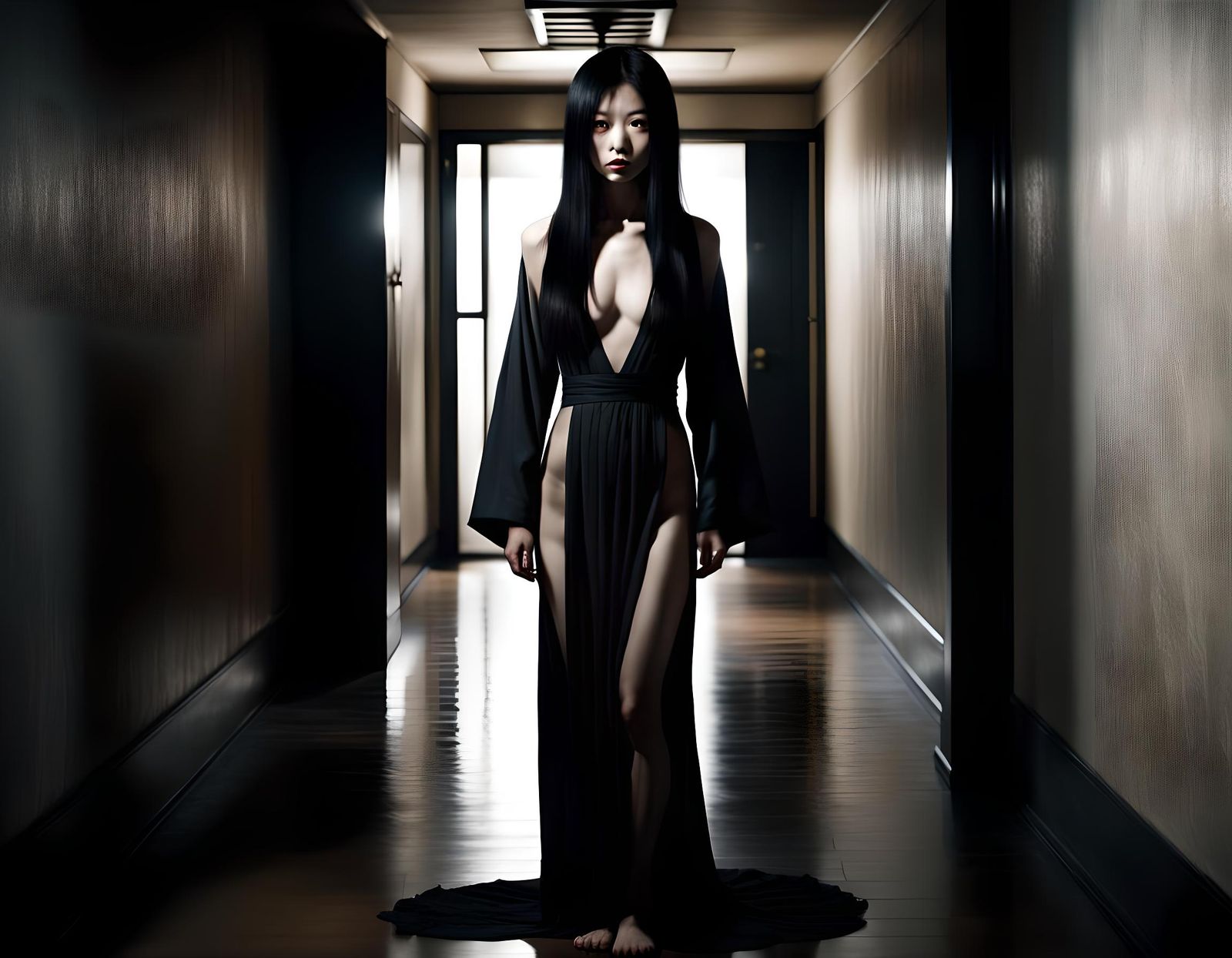 Haunting Japanese Spirit in Spooky Hallway