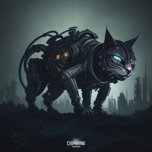 Mechanical Cat Sculpture in Cyberpunk Style