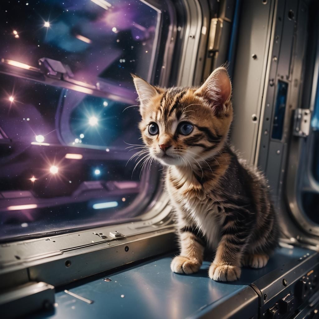 Kitten Gazing from Space Station Window